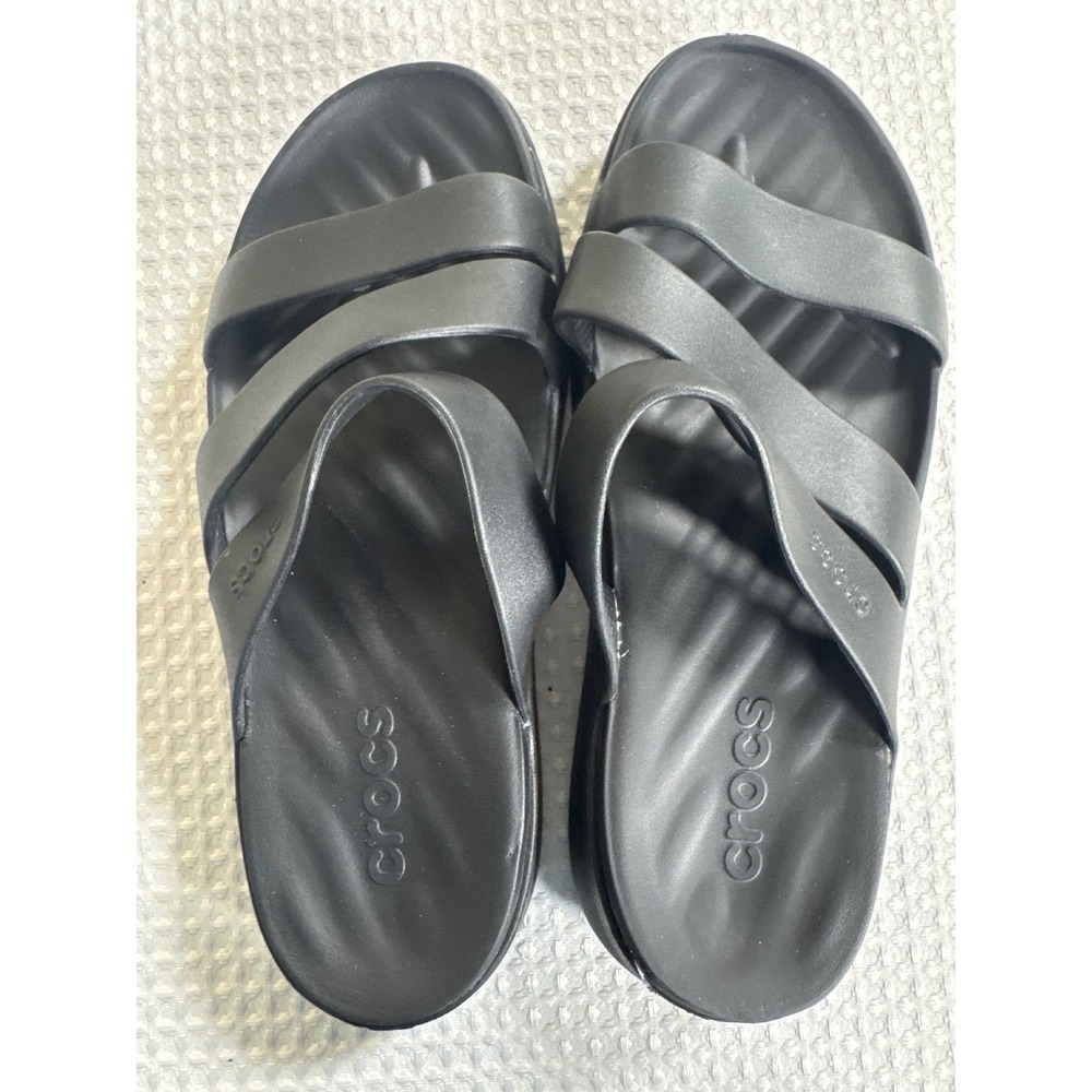 Crocs Sandals Womens 9 Brooklyn Low Wedge Black Triple Strap Slide EUC